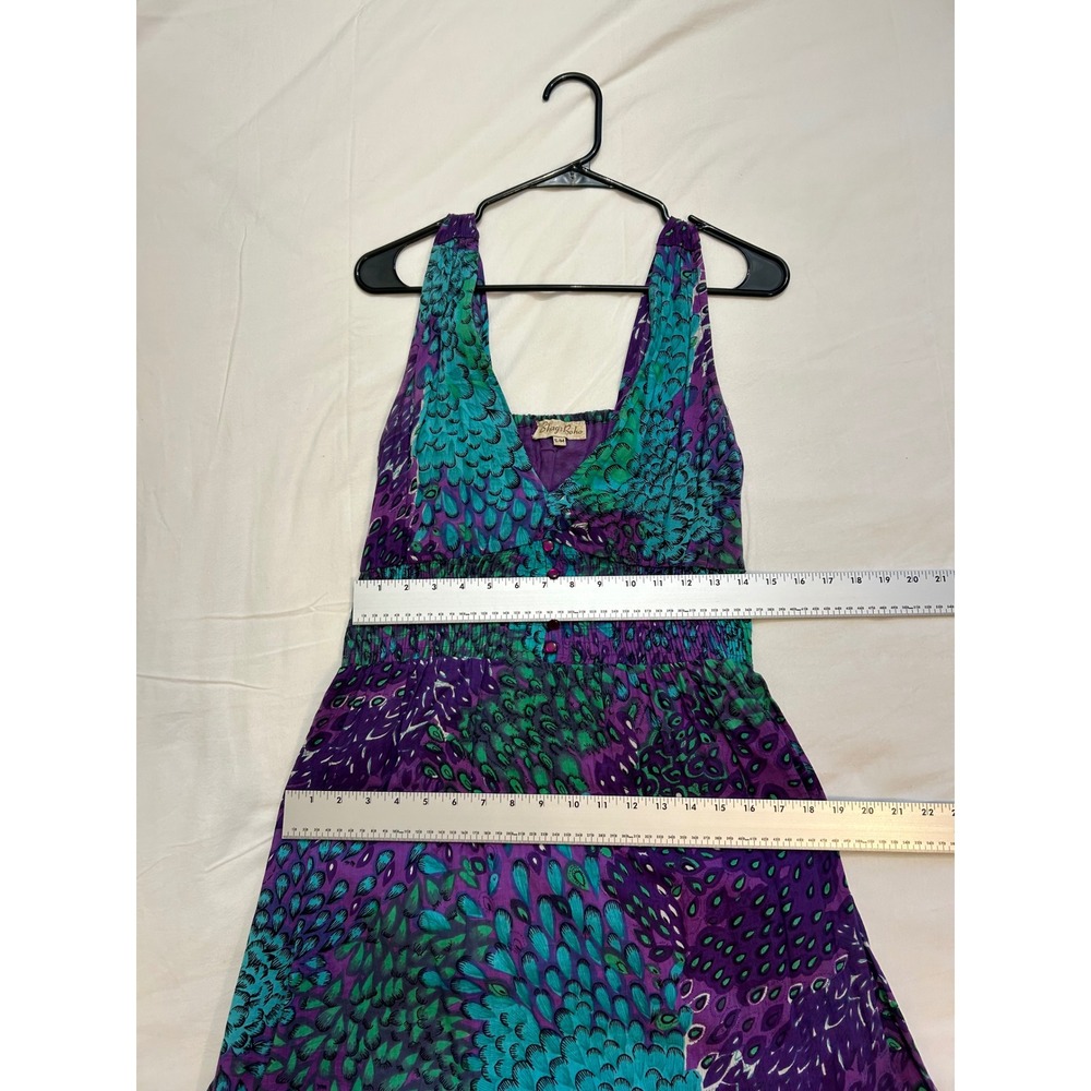 Fairycore Hippie Boho Womens Purple Teal Peacock Cotton Smocked Waist Dress S/M - Picture 4 of 7